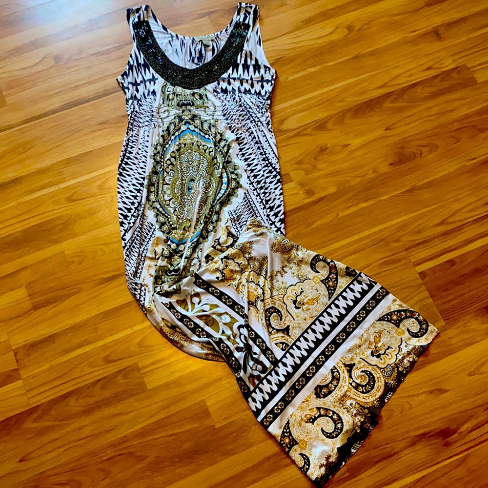 Printed maxi dress with beaded neckline size S